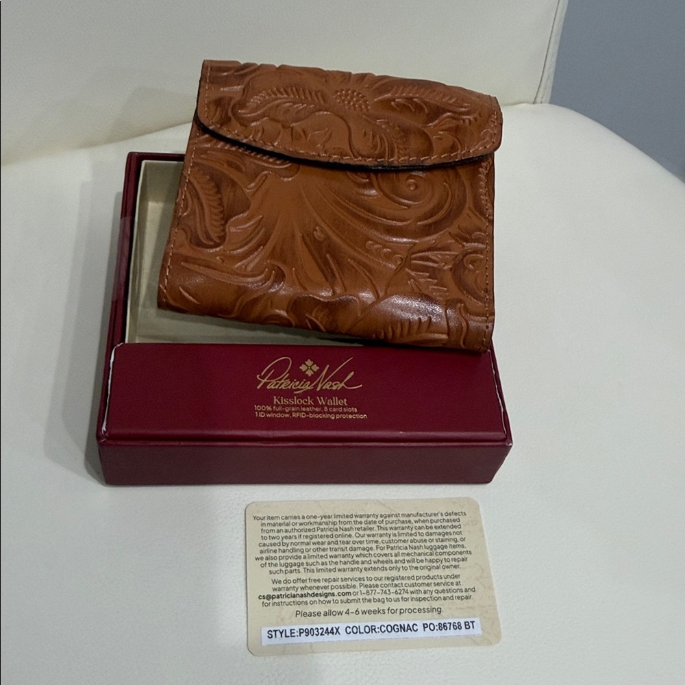 Patricia Nash Cognac Embossed Leather Kisslick Wallet in Box